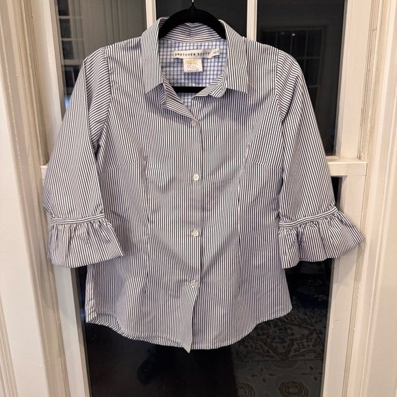 Gretchen Scott Priss Button Up Shirt Top Blue & White Striped Preppy Classy Sz S - Picture 9 of 10